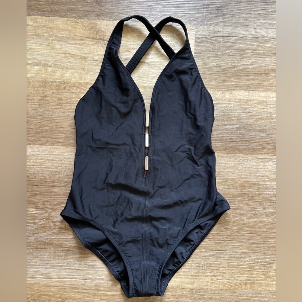 La Blanca Black Plunge One-Piece Swimsuit with Crossback Straps